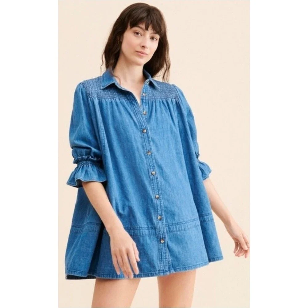 Free People Find Me Now Denim Smocked Button Down Mini Dress Tunic Pockets Med